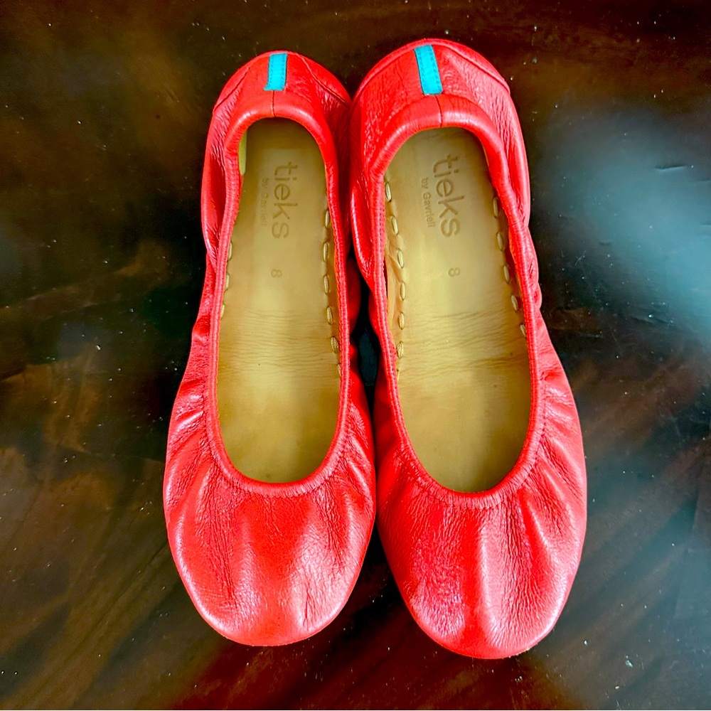 Tieks Red Leather Ballet Flats with Teal Tab